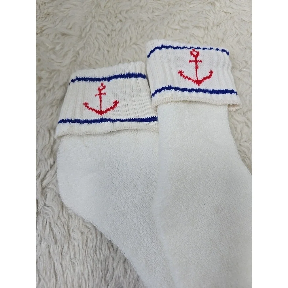 Vintage Sport Sox White Ankle Footie Socks Women's 9-11 Nautical Terry Cloth NWD